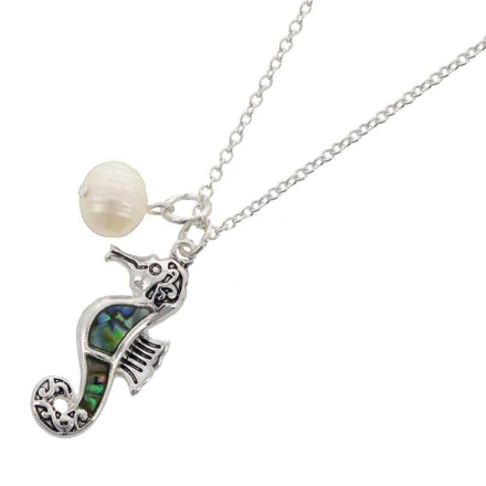 Abalone Seahorse Necklace w/Pearl Bauble